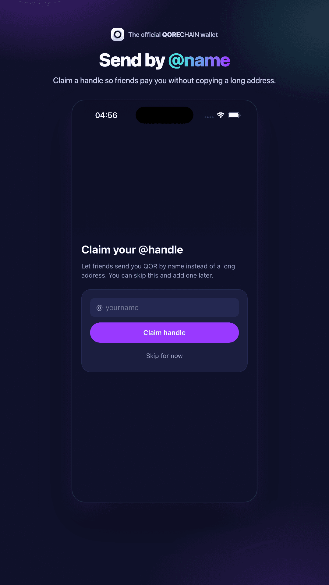 QoreX on Android: claiming an @handle to receive QOR by name