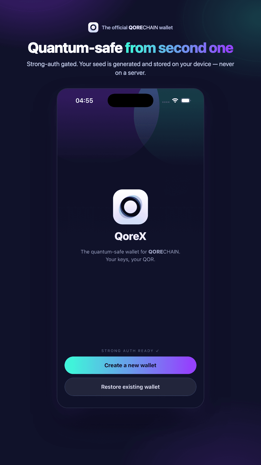 QoreX on Android: onboarding with Create a new wallet, no seed phrase shown