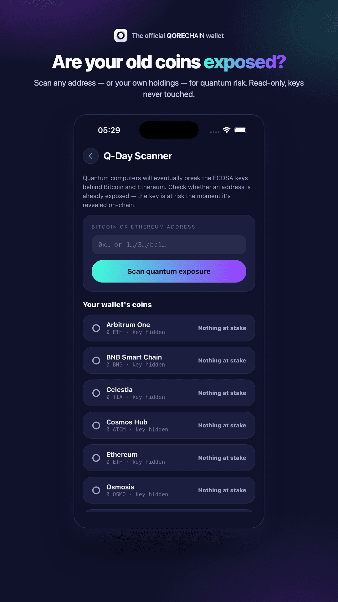 QoreX on Android: Q-Day Scanner checking addresses for quantum exposure