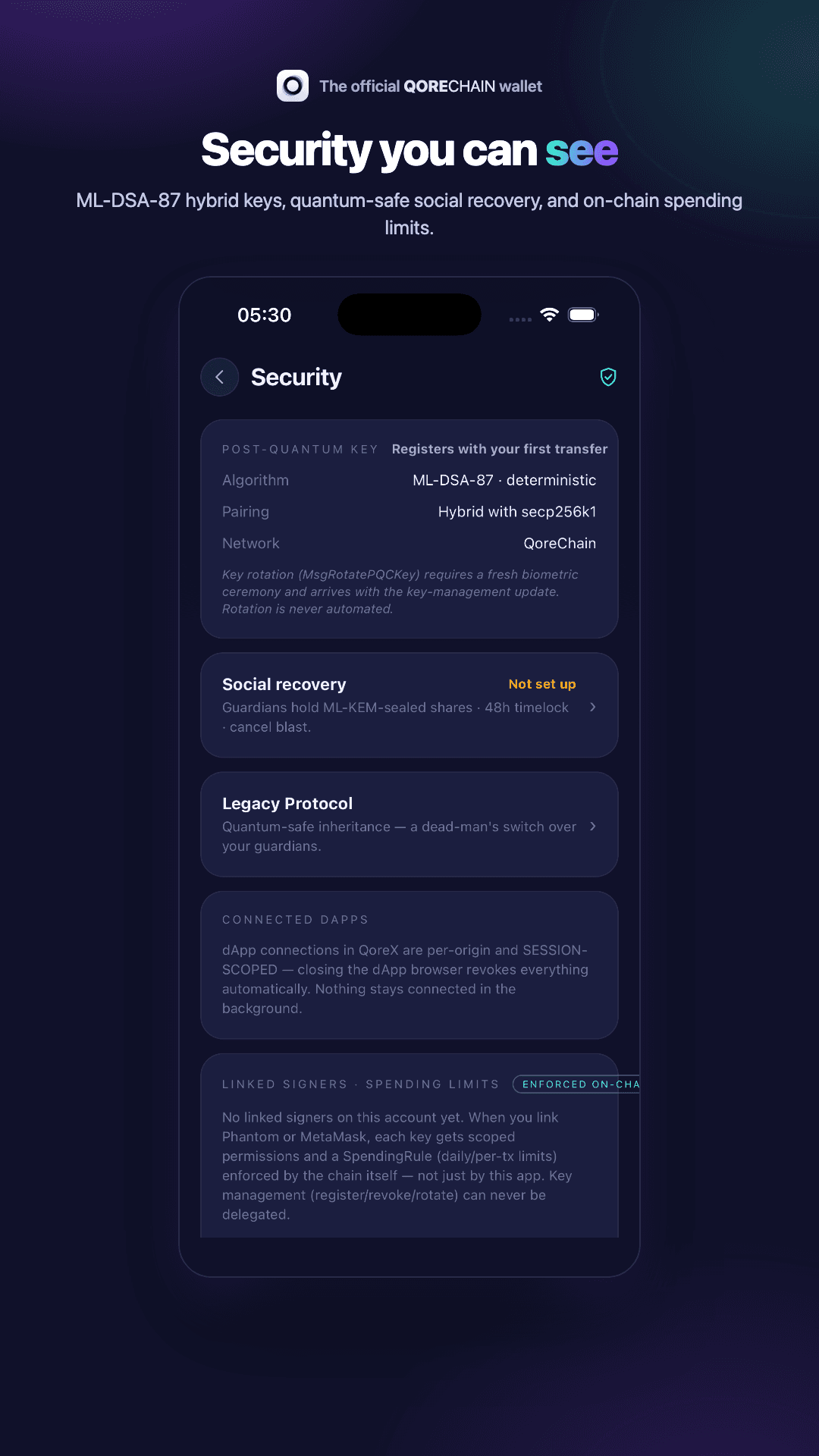 QoreX on Android: security screen with biometric unlock