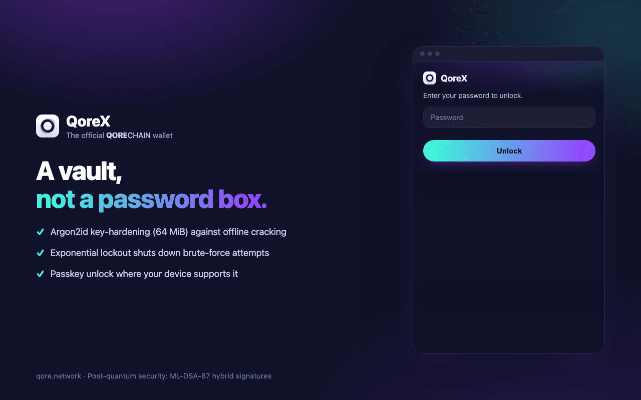 QoreX extension: vault unlock with passkey or password